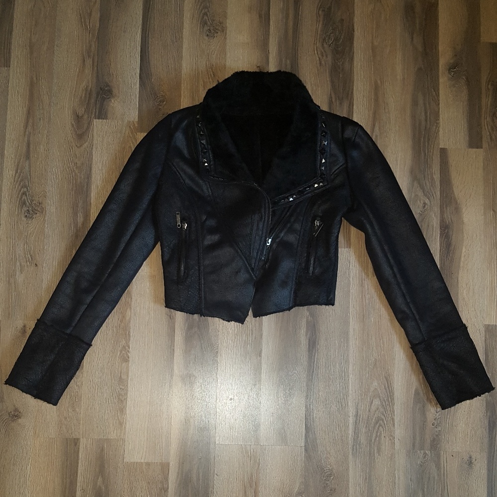 STUDDED FAUX FUR MOTO JACKET SPIDERWEB DETAIL MED